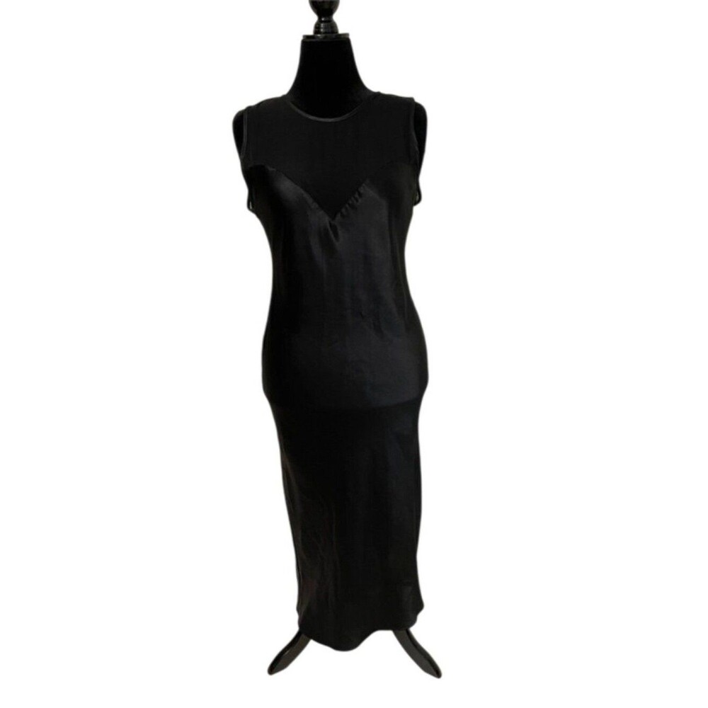 Circa 2000 Black Satin Maxi Nightgown Slip Dress Large 1990s VTG USA